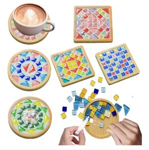 NWT 6  DlY Mosaic Tiles for Crafts,Mixed Color Glass Mosaic with Wooden Coasters